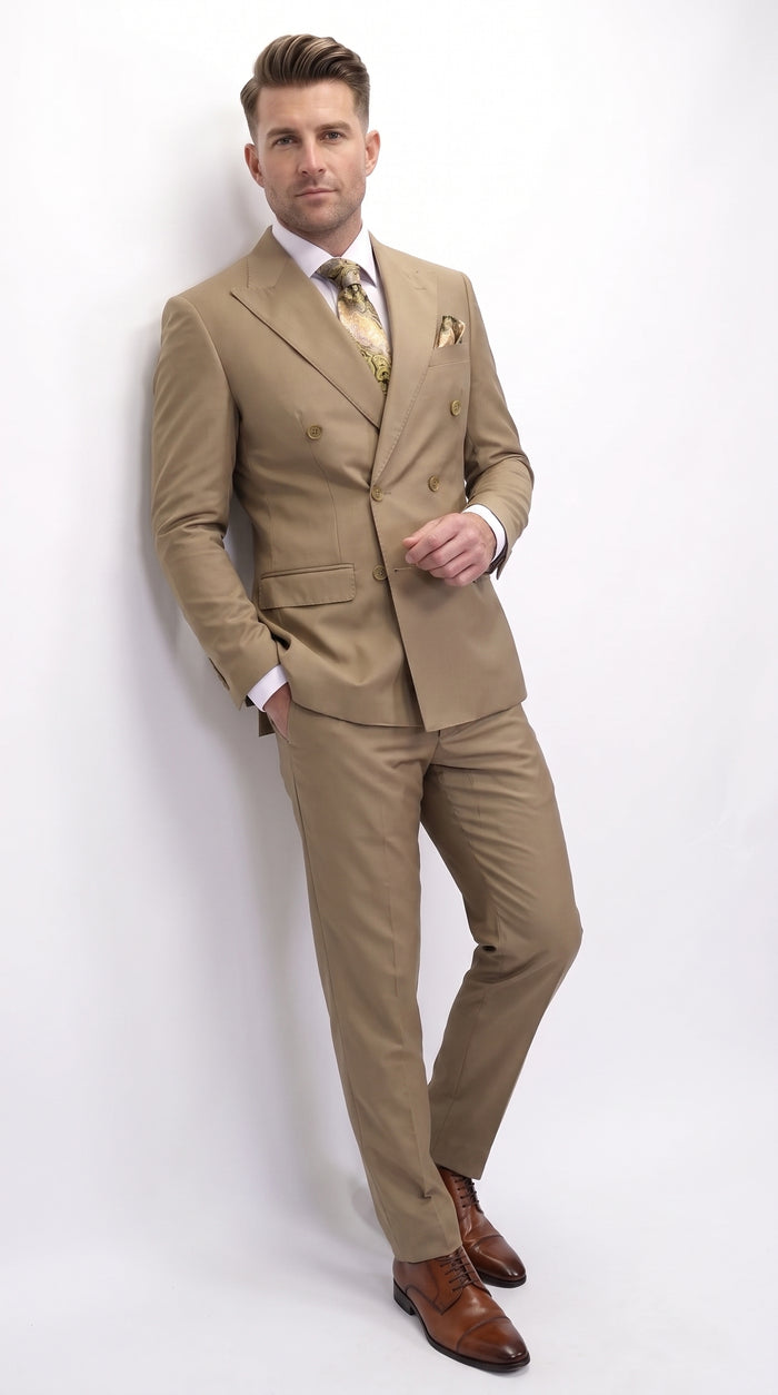 Men’s Statement Brand Caramel Khaki Double Breasted Wool Suit, Designer Formal Business Suit Set Wool Suit in Camel Color  Modern Fit