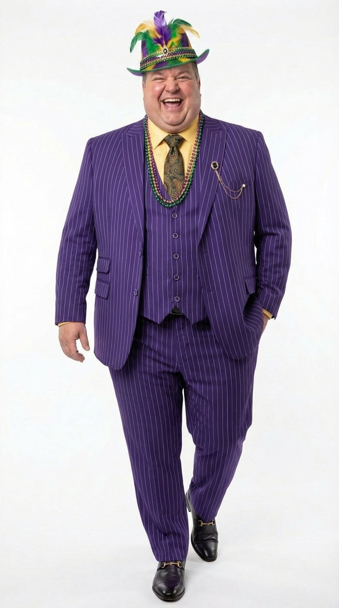 Men’s Purple Pinstripe Mardi Gras Suit | Three Piece Carnival Formal Suit with Vest Modern Fit