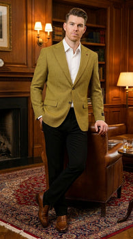 Men’s Mustard Gold Yellow Houndstooth Blazer Jacket, Check Pattern Formal Sport Coat for Weddings, Prom, Business 2 Buttons Modern Fit
