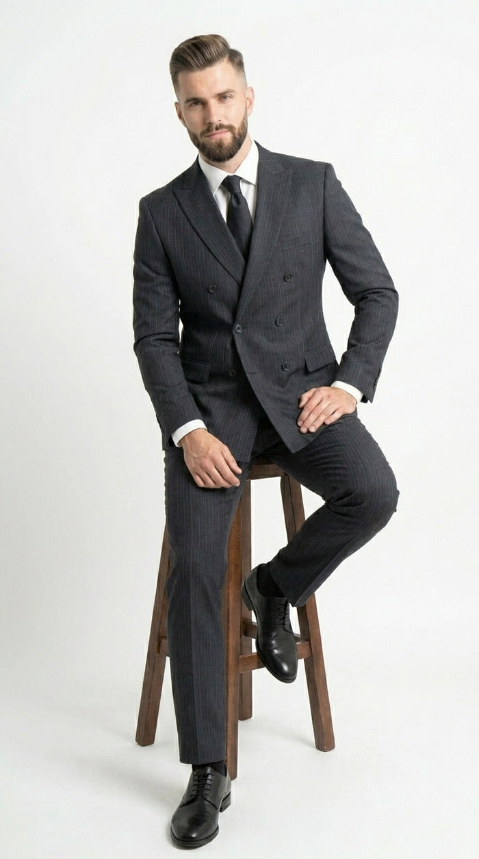 Men’s Black Pinstripe Double Breasted Suit – Classic Formal Business Suit Office and Evening Wear Modern Fit Conservative pattern