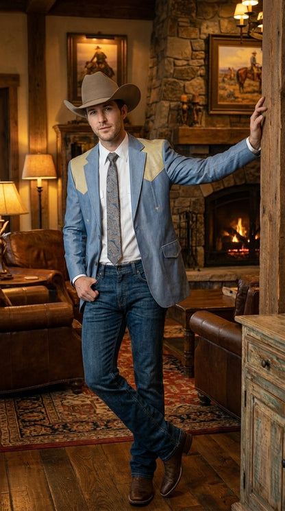Men’s Steel - Light Blue and Bone Color Western Cowboy Blazer – Shiny Country Style Dress Jacket for Rodeo Saco De Hombre Vaquero