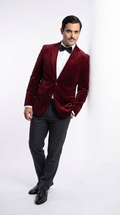 Men’s Gomez Addams Inspired Costume, Burgundy Velvet Blazer with Black Pants Formal Party Outfit Combo