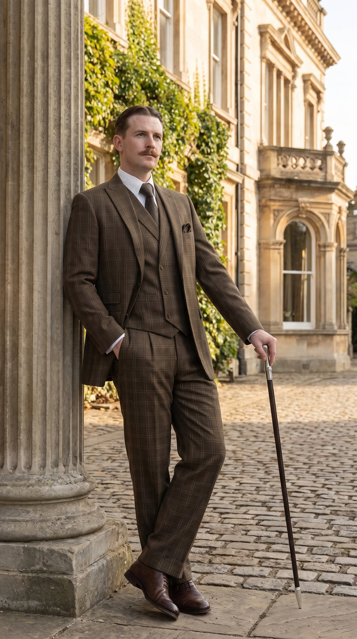 Men’s Edwardian Brown Plaid 3-Piece Suit – Vintage Double-Breasted Vest Wedding and Formal Suit Modern Fit