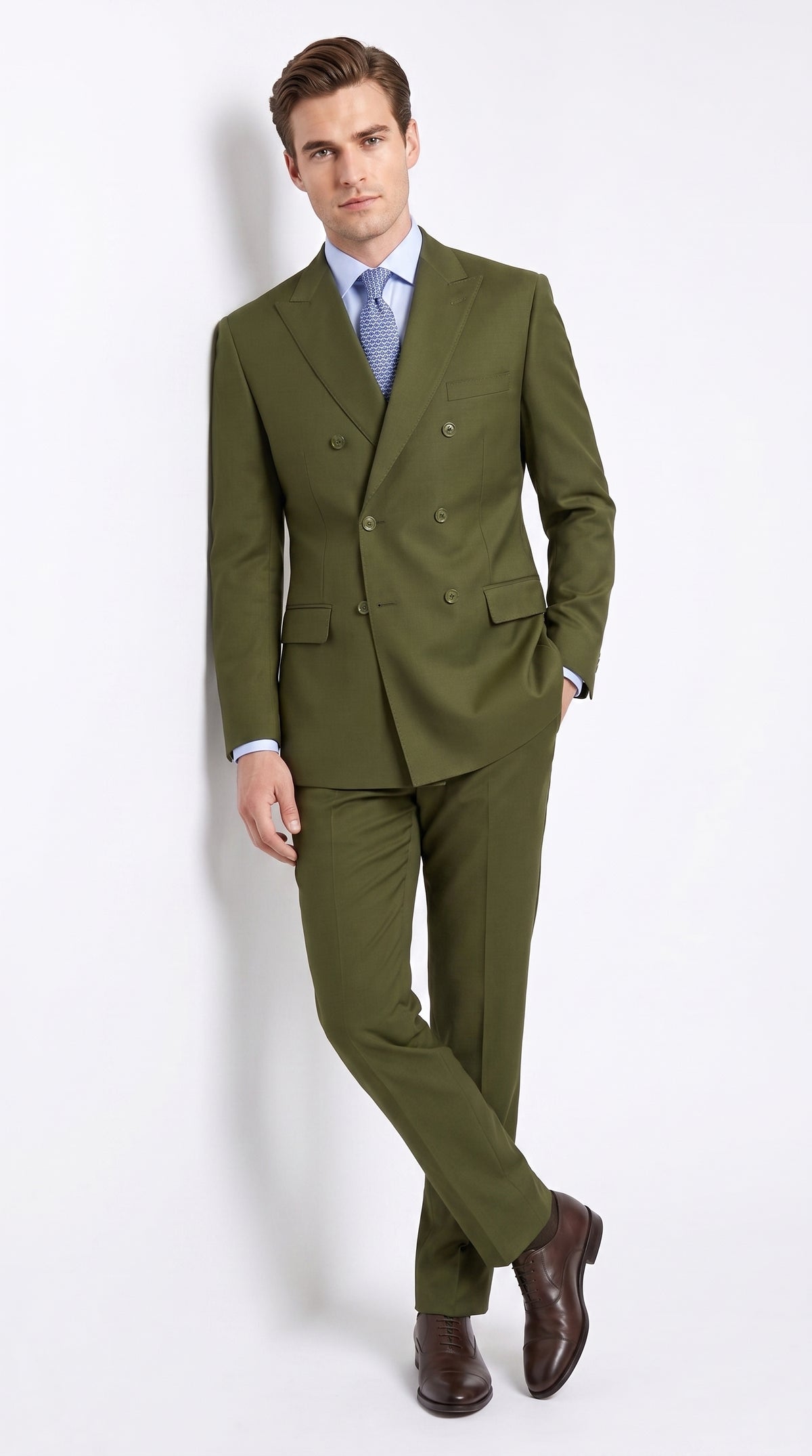 Men’s Olive Green Double-Breasted Suit – Classic Peak Lapel Wedding, Business Hunter Color