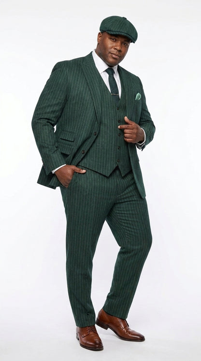 Men’s Hunter Green Pinstripe 3-Piece Suit – Vintage Wedding, Prom and Formal Suit with Matching Vest Modern Fit