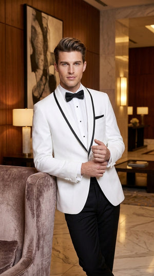 Men’s White Tuxedo Jacket – Black Trim Shawl Lapel Formal Dinner Blazer for Weddings, Prom Wedding Blazer Modern fit