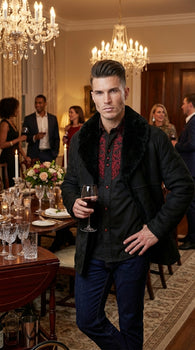 Men’s Black Sheepskin Leather Jacket Cowboy – Warm Faux Fur Collar Coat, Winter Long Jacket, Casual Western Style Outerwear