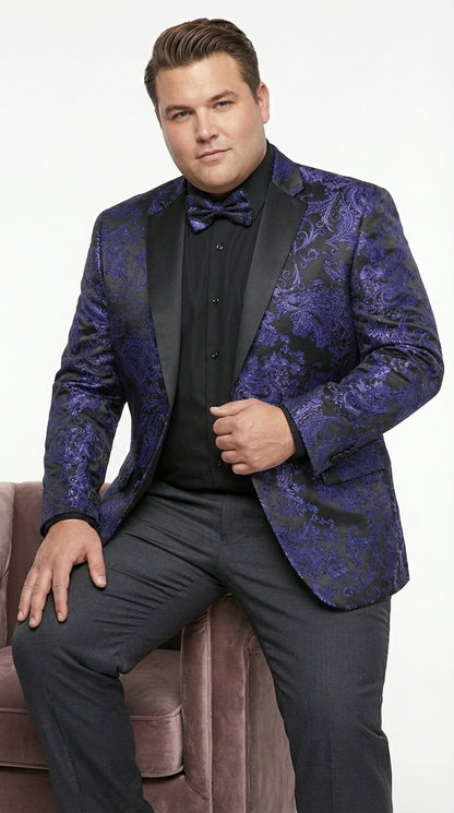 Mens Blue Paisley Jacquard Blazer – Luxury Pattern Tuxedo Dinner Jacket with Black Satin Lapel for Wedding, Prom With Bowtie