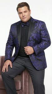 Mens Blue Paisley Jacquard Blazer – Luxury Pattern Tuxedo Dinner Jacket with Black Satin Lapel for Wedding, Prom With Bowtie