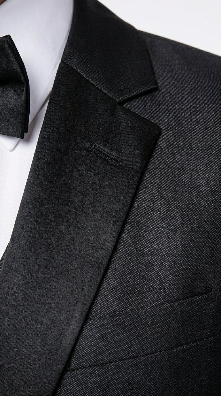 Men’s Black Two Tone Vested Wool Suit with 2 Button Jacket and Black Lapel, Italian Tuxedo Style