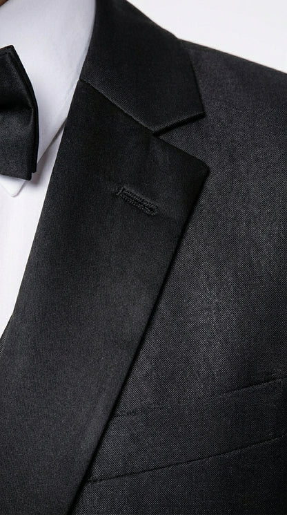 Men’s Black Two Tone Vested Wool Suit with 2 Button Jacket and Black Lapel, Italian Tuxedo Style