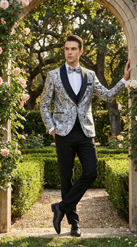 Mens Black and Silver Floral Tuxedo – Luxury Patterned Wedding, Prom and Formal Dinner Tuxedo