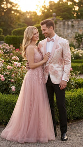 Men’s Pink Blush Floral Jacquard Blazer with Embellished Shawl Lapel – Luxury Party and Wedding Wear Jacket
