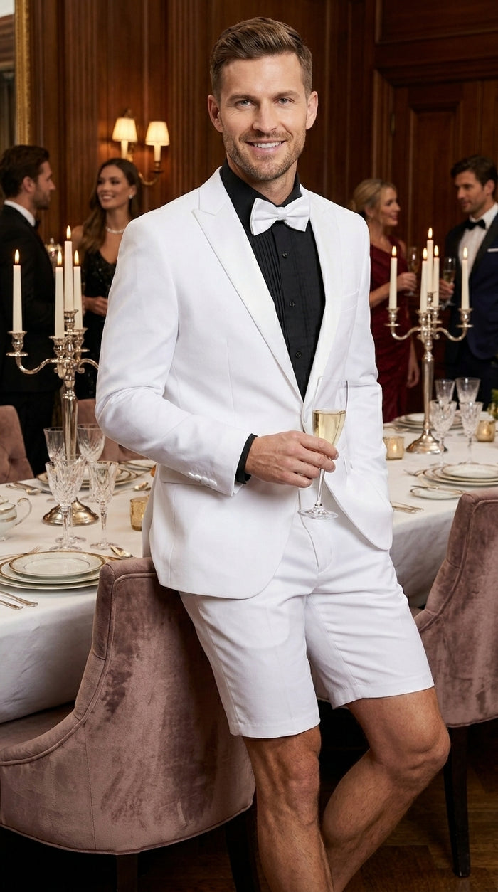 Men’s White Tuxedo Suit with Shorts – Modern Formal Blazer and Short Pants Set for Wedding, Prom Summer Fabric