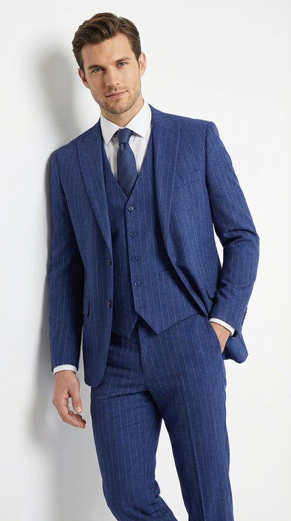 Men’s Cobalt Blue 3 Piece Suit – Indigo Light Blue Pinstripe Formal Suit with Vest for Wedding, Business Two buttons Modern Fit
