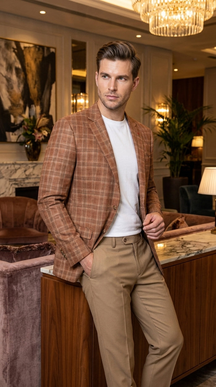 Vitali Men’s Rust Copper Brown Plaid Blazer with Tan Pants – Classic Windowpane, Business and Smart-Casual Birck color  Suit