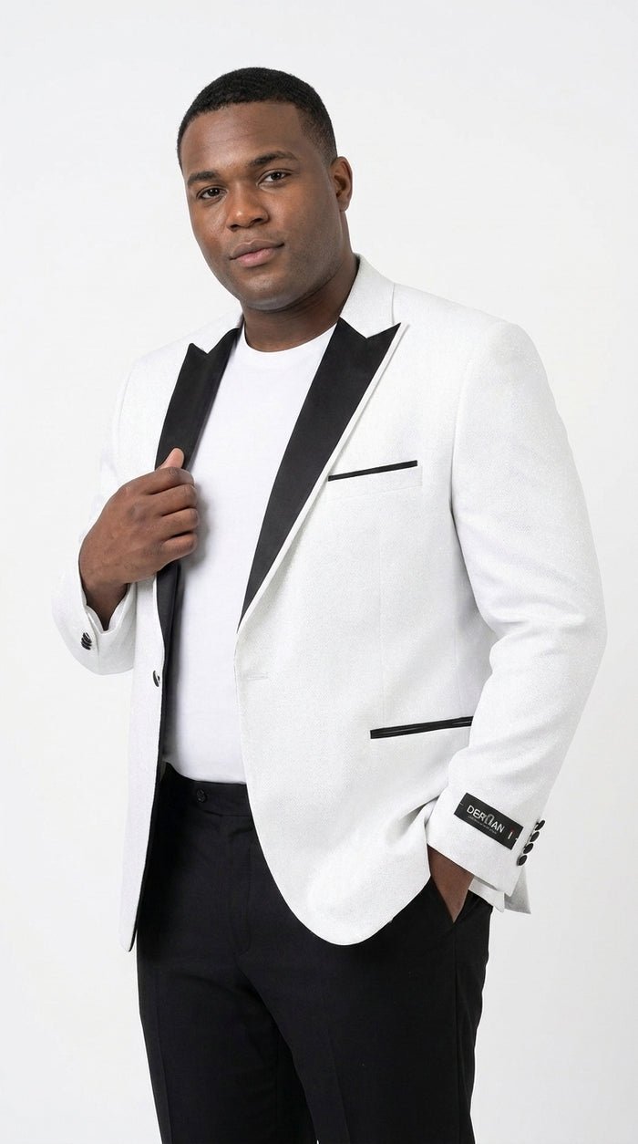 Men's White Sparkle Dinner Jacket – Black Satin Shawl Lapel Tuxedo Blazer   Slim Fit Sequin Shiny Prom Jacket