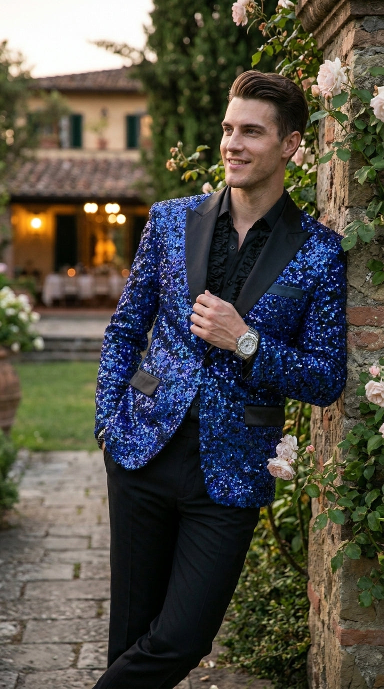 Men’s Blue Sequin Sparkle Blazer Jacket with Black Satin Lapel, Party Prom Wedding Dinner Coat