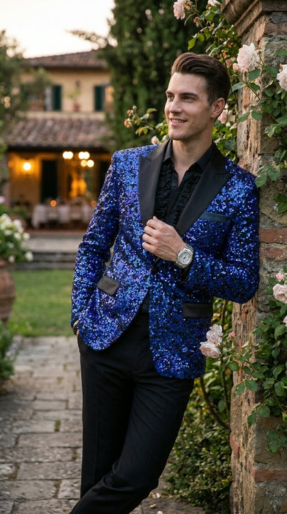 Men’s Blue Sequin Sparkle Blazer Jacket with Black Satin Lapel, Party Prom Wedding Dinner Coat
