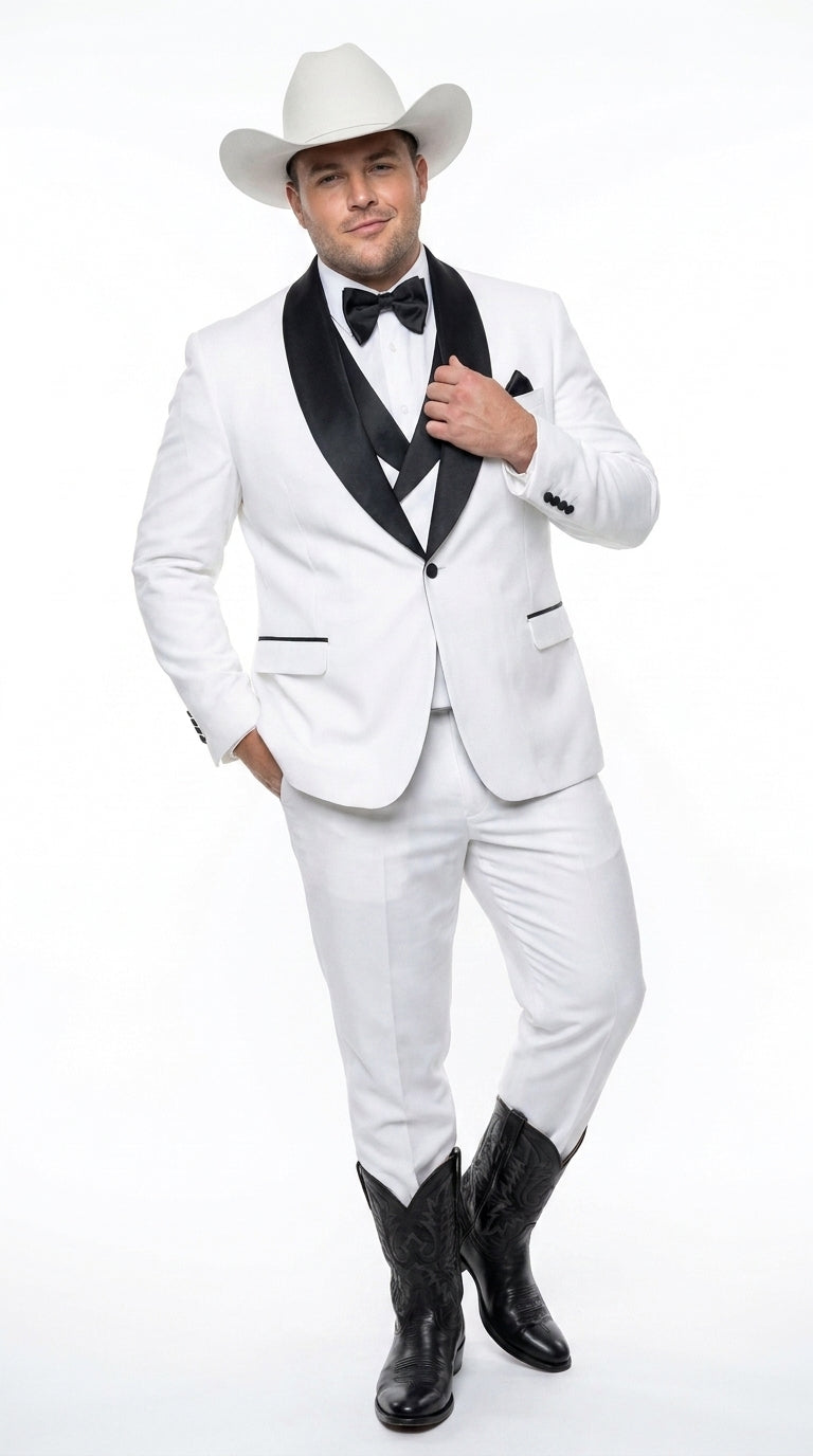 Men’s White and Black Western Wedding Tuxedo – Cowboy Style 3-Piece Traje para Boda with Double-Breasted Vest