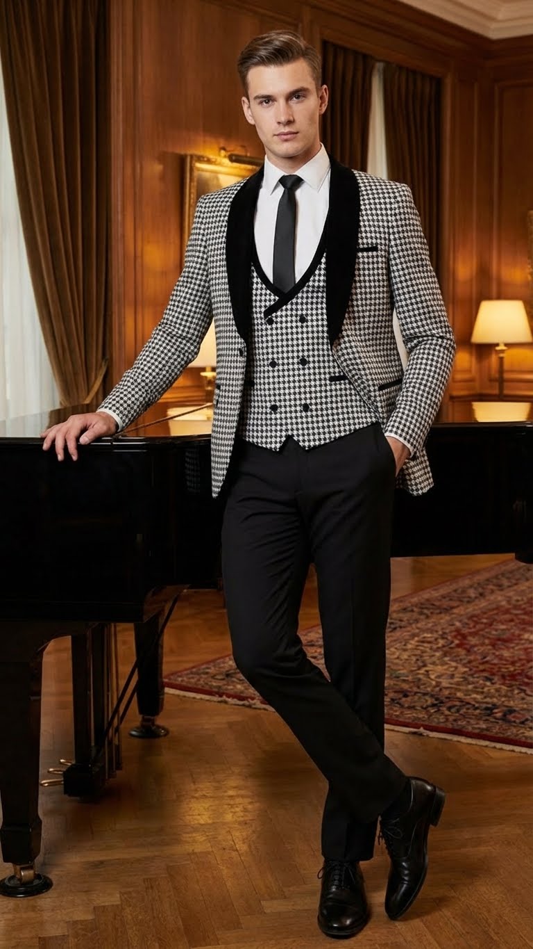 Men’s Black and White Houndstooth Tuxedo Set with Velvet Shawl Lapel | 3-Piece Formal Suit with Black Double-Breasted Vest