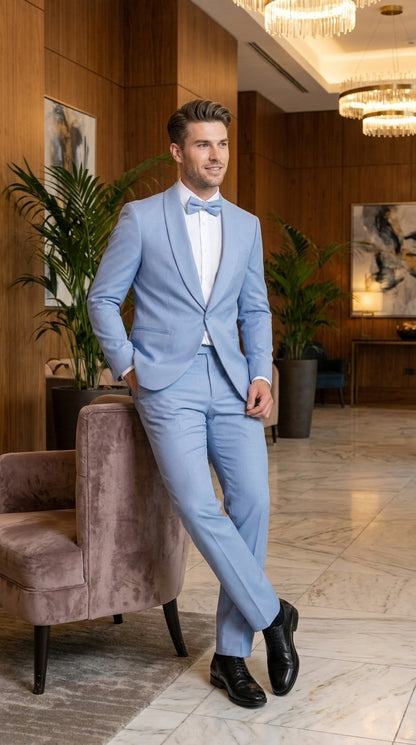 Men’s Powder Blue 3 Piece Tuxedo Suit – Light Blue Shawl Lapel Wedding Prom Suit with Vest