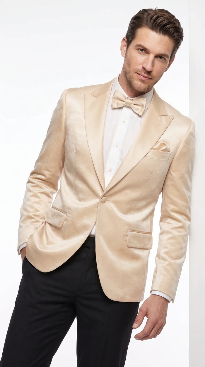 Men’s Champagne Tuxedo Dinner Jacket – Satin Finish Formal Wedding Prom Blazer and Bowtie included