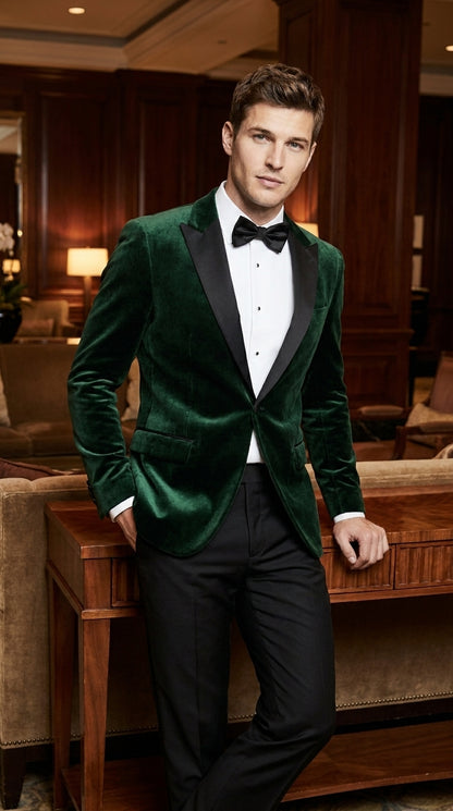 Men’s Olive Green Velvet Tuxedo Dinner Jacket – Black Satin Peak Lapel Formal Prom Wedding Blazer