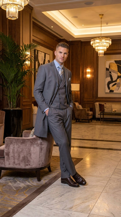 Men’s Grey 4-Button Zoot Suit – Four Buttons 3-Piece Fashion Suit with Double-Breasted Vest and Pleated Pants