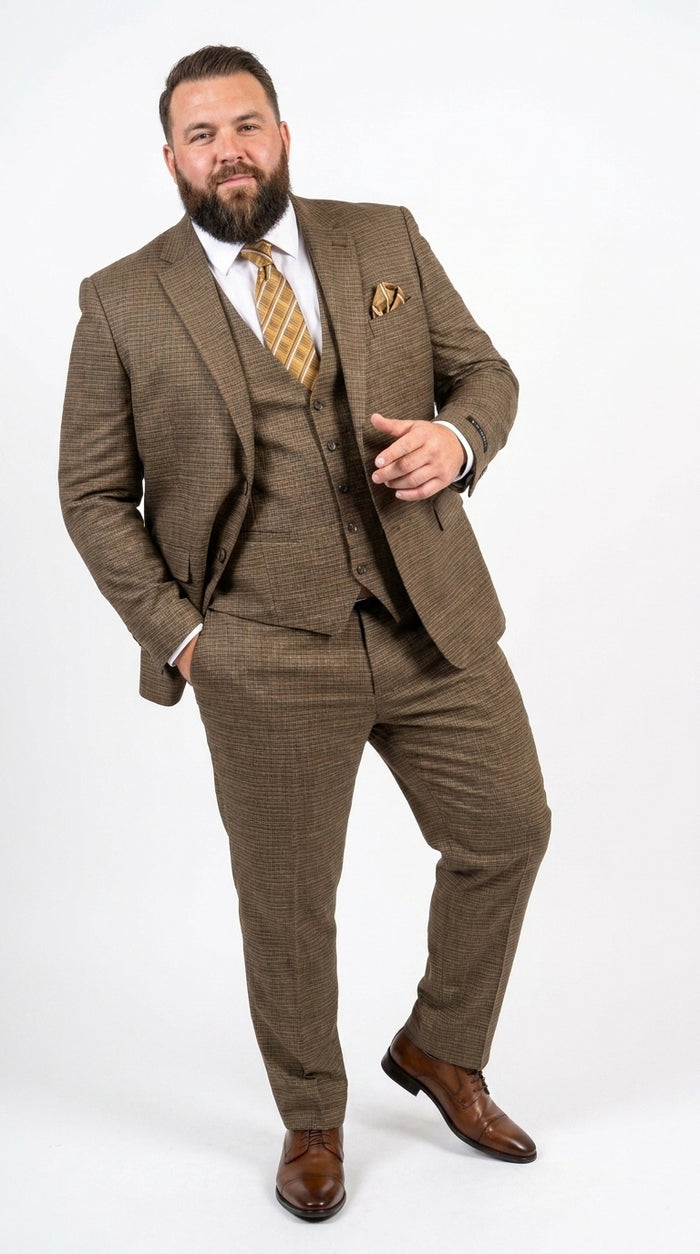 Men's Great Gatsby Brown Checker Plaid Texture 3-Piece Suit – Classic Fit Business, Wedding & Formal Suit Set - Victorian style 1920s