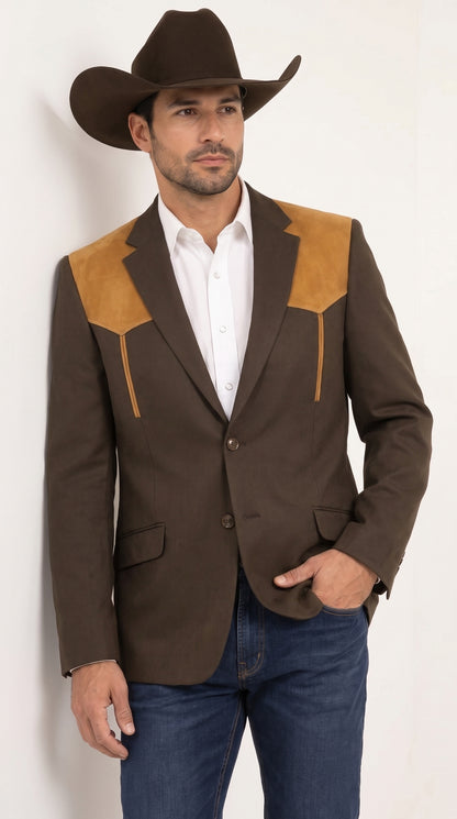 Men’s Chocolate Brown Western Blazer – Cowboy Sport Coat with Tan Suede Yoke for Rodeo & Country Wear