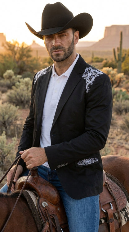 Men’s Black & White Western Blazer – Cowboy Sport Coat with Embroidered Shoulder & Back Design