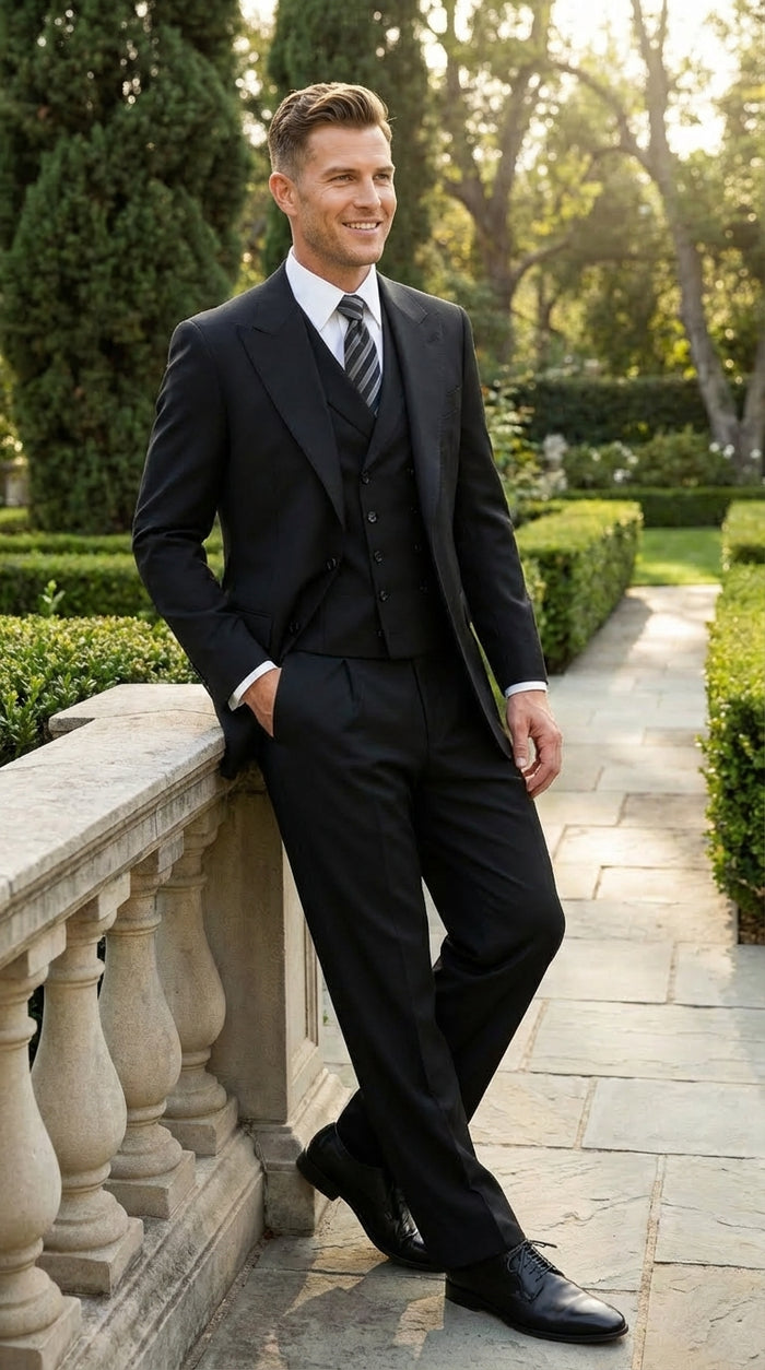 Tiglio Mens Black 3 Piece Suit – Single Button Classic Fit Pleated Wide Leg Pants Formal Business Chruch Suit - 100% Wool