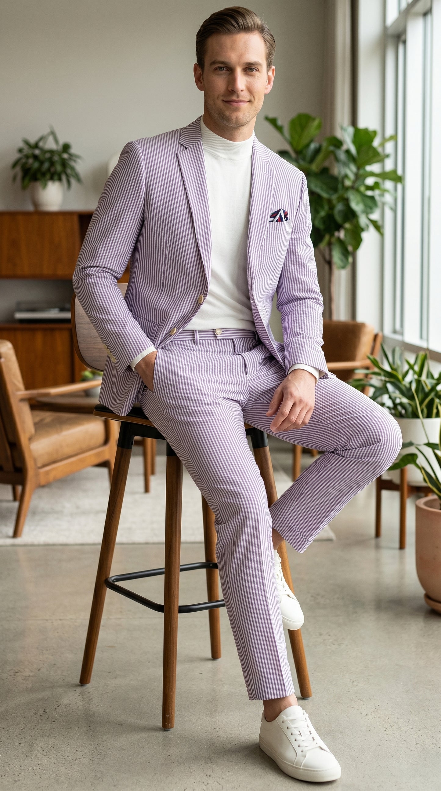 Men’s Lavender Seersucker 2 Piece Suit, Lightweight Summer Blazer and Pants Set for Weddings, Parties, Prom, and summer fabric