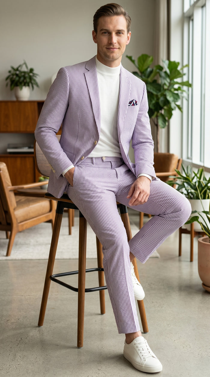Men’s Lavender Seersucker 2 Piece Suit, Lightweight Summer Blazer and Pants Set for Weddings, Parties, Prom, and summer fabric