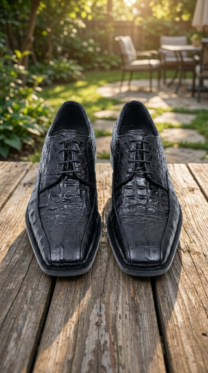Men’s Los Altos Black Gator Belly Dress Shoes with Lace Up Front, Exotic Style Formal Shoes