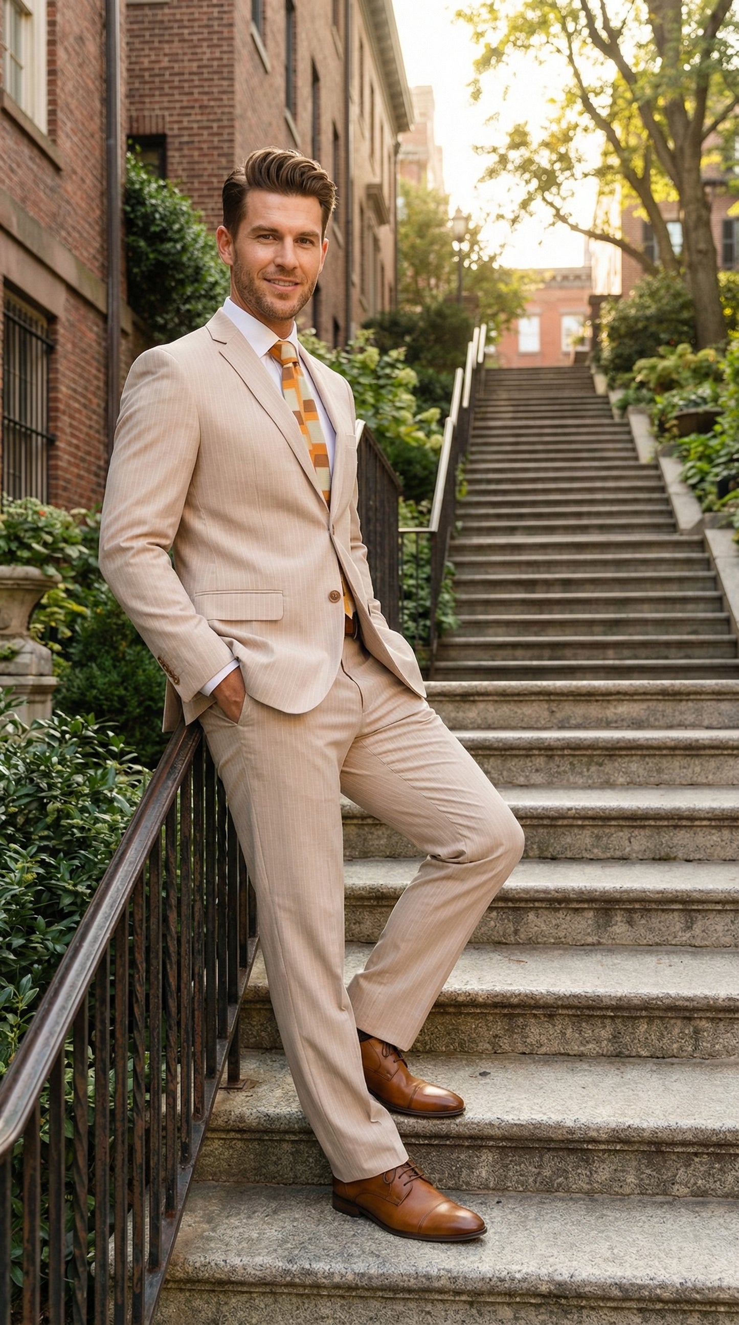 Vitali Men’s Natural Beige Pinstripe Suit – Summer Tan Pinstripe  Weddings and Business Wear Modern Fit