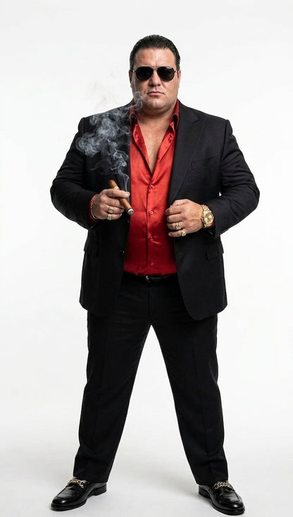 Tony Montana’s Black Blazer with Red Sateen Shirt – Men’s Black Formal Blazer and Red Satin Style Shirt Outfit for Party, Wedding and Vintage Wear