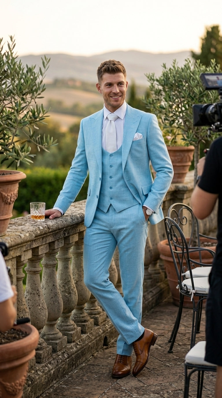 Men’s Turquoise Light blue Suit, Vested Formal Dress Suit for Weddings, Prom, Summer Parties, and Special Occasions in Aqua Blue Color By Rossiman Modern Fit