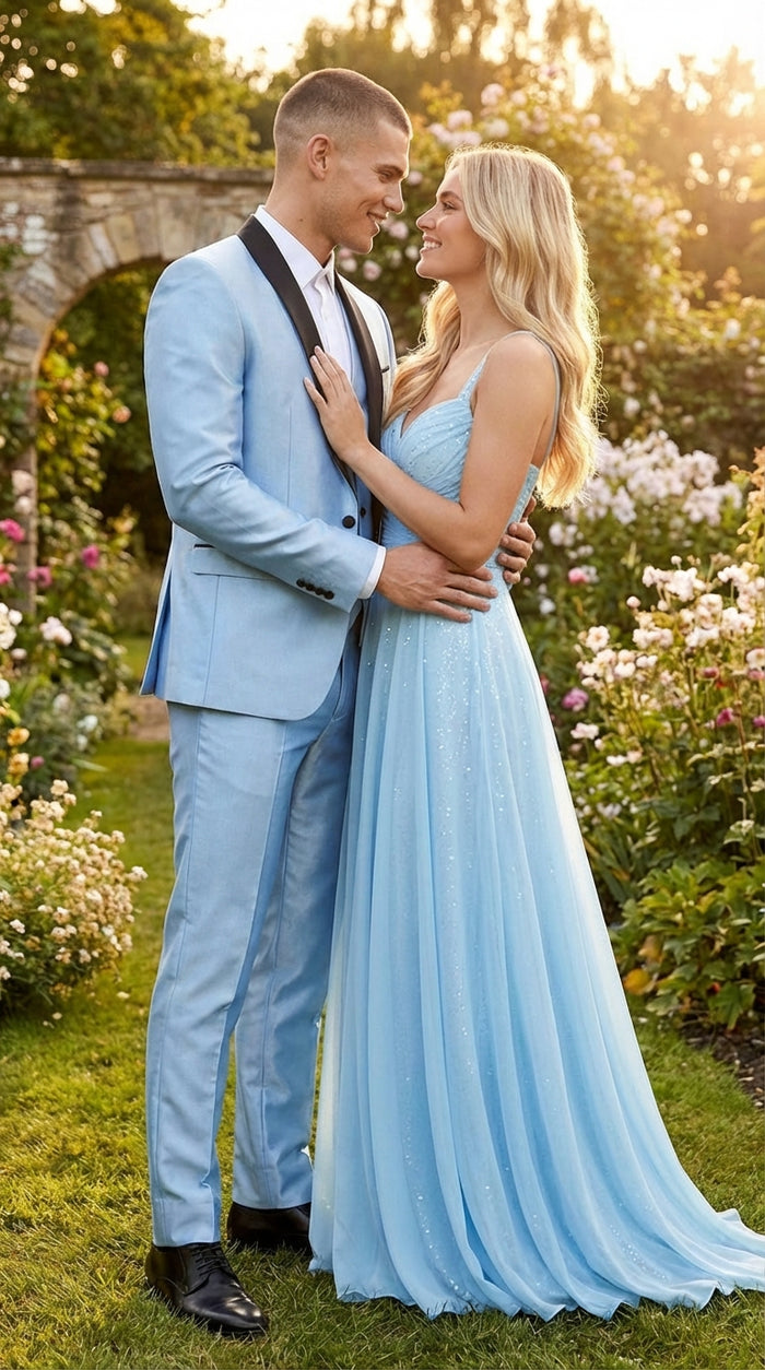 Men’s Light Blue Shiny 3 Piece Suit with Black Shawl Lapel | Formal Wedding Prom Suit - Sateen Sharskin Suit Modern Fit