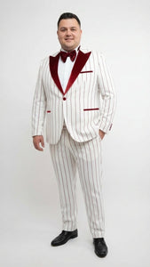 Men’s White and Dark Red Pinstripe Tuxedo with Velvet Shawl Lapel – Formal Dinner Blazer Prom Christmas New Year Holiday Suit
