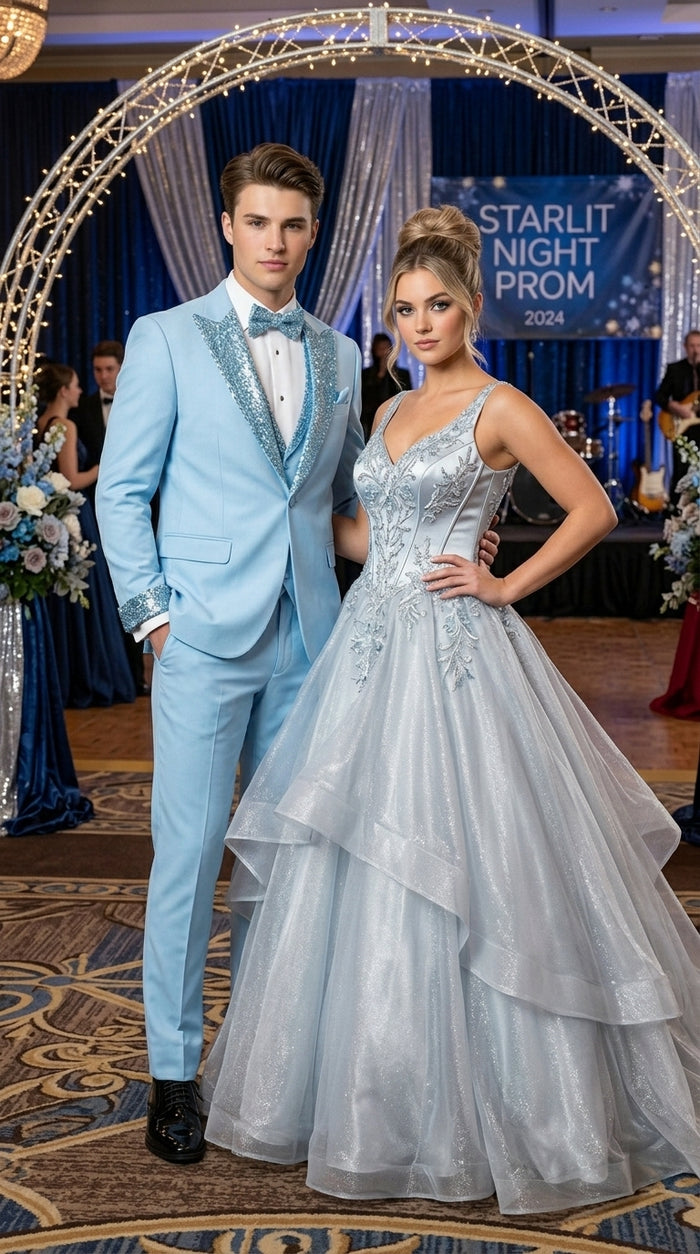 Sky Blue Prom Tuxedo - Perfect Wedding Suit Vested Rhinestone sequin Lapelled
