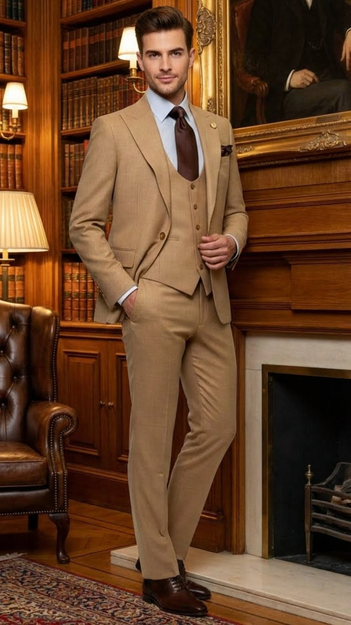Men's Tan Three-Piece Suit with Vest – Classic Tailored Fit  in camel khaki Bronze color By Rossiman - Image 9