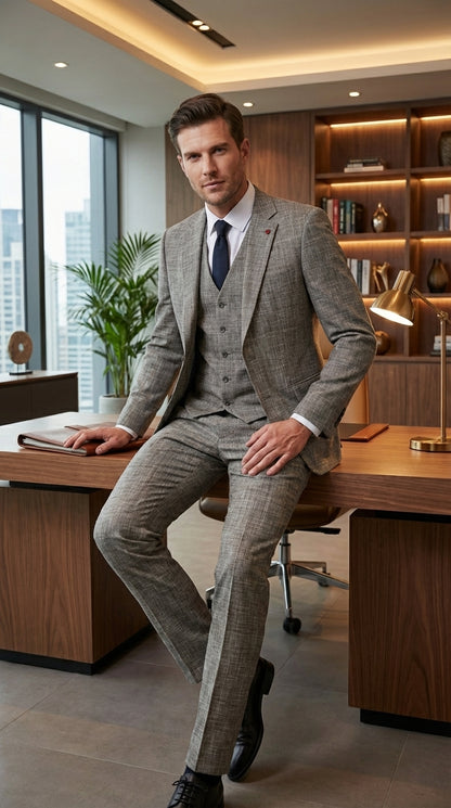 Vitali Brand Men’s Grey Textured Patterned 3 Piece Suit – Modern Fit Checkered Sharkskin with Blazer, Vest & Trousers, Business Wedding