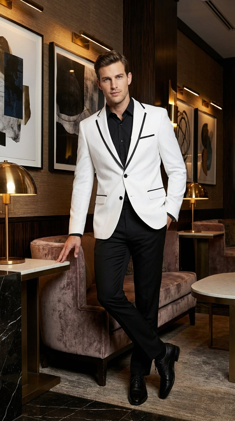 Men’s White Disco Blazer 70s Era Costume Jacket – Black Trim Retro Party Blazer, Vintage Dance Outfit, Stylish Evening Themed Wear