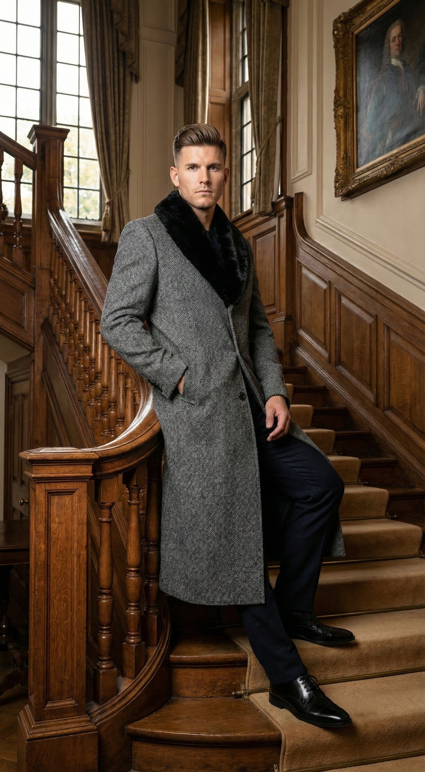 Men's Grey Herringbone Tweed Long Overcoat with Black Faux Fur Collar, Classic Winter Topcoat - Image 9