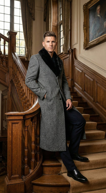 Men's Grey Herringbone Tweed Long Overcoat with Black Faux Fur Collar, Classic Winter Topcoat - Image 9