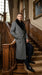Men's Grey Herringbone Tweed Long Overcoat with Black Faux Fur Collar, Classic Winter Topcoat