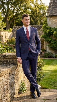 Men’s Navy Blue and Burgundy Checkered Two-Piece Suit Plaid Windowpane – Flat Front Pants or Pleated Wide Leg Pants - 100% Wool
