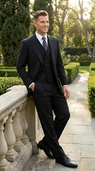 Tiglio Mens Black 3 Piece Suit – Single Button Classic Fit Pleated Wide Leg Pants Formal Business Church Suit - 100% Wool
